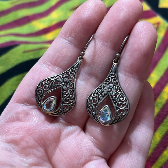 Vintage Jewelry - VTG Floral Sterling Silver 925 Filigree Blue Topaz Dangle Pierced Earrings